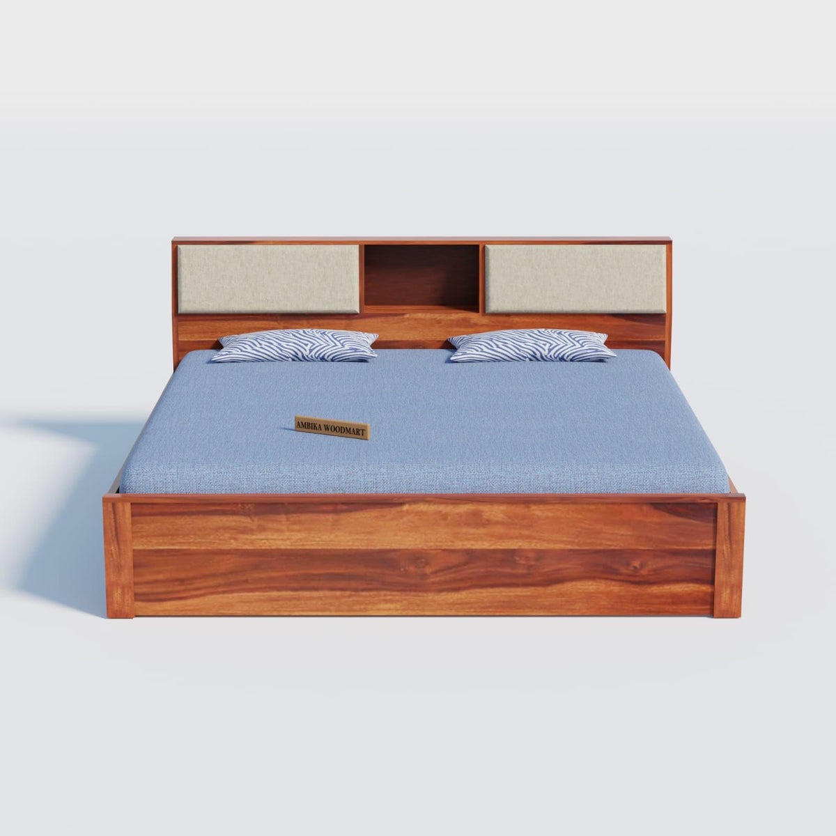 Front view of Sheesham wood bed with cushioned headboard and centre niche