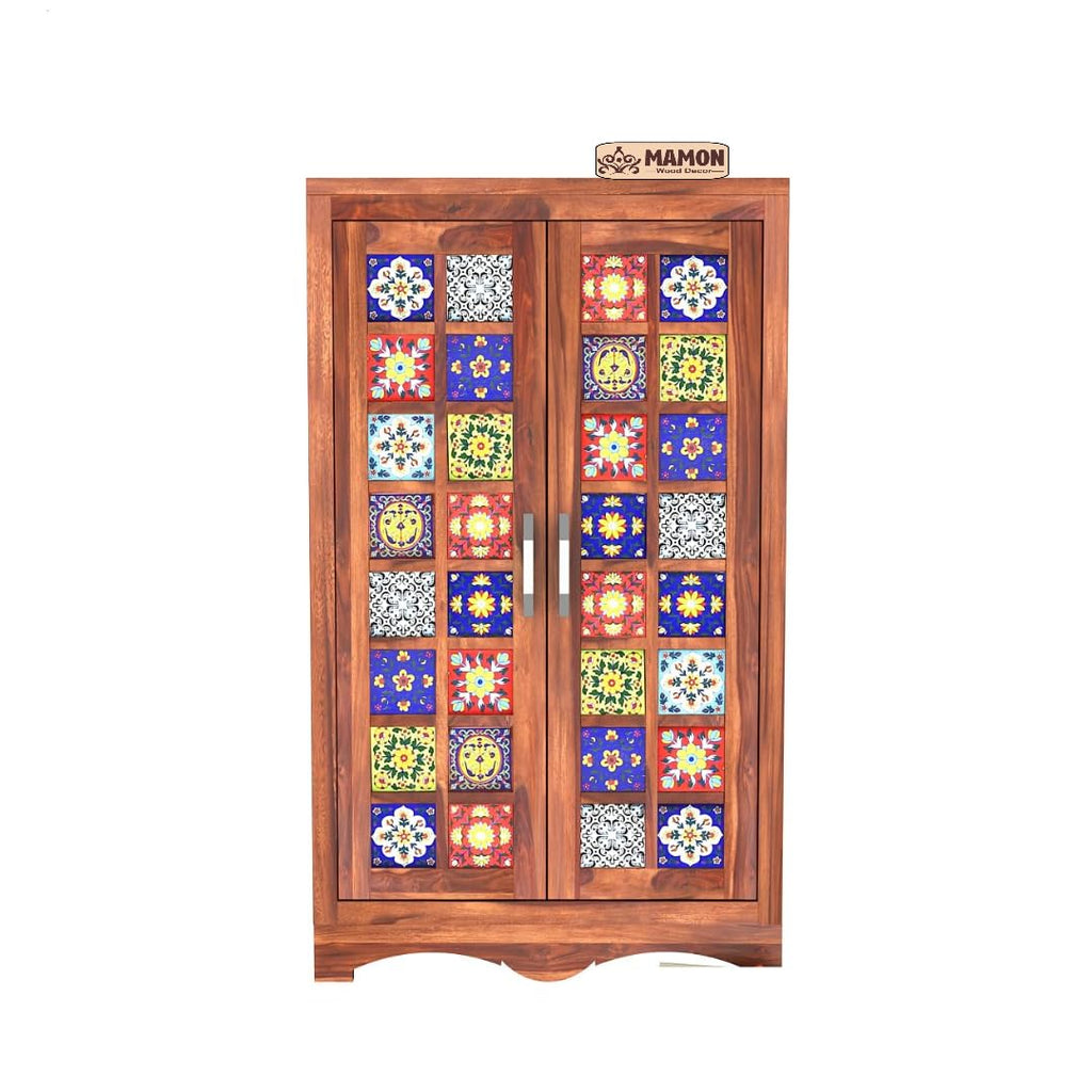 Mamon Wood Decor 2 Door Wardrobe with 2 shelves & hanging space – Ryan - Honey