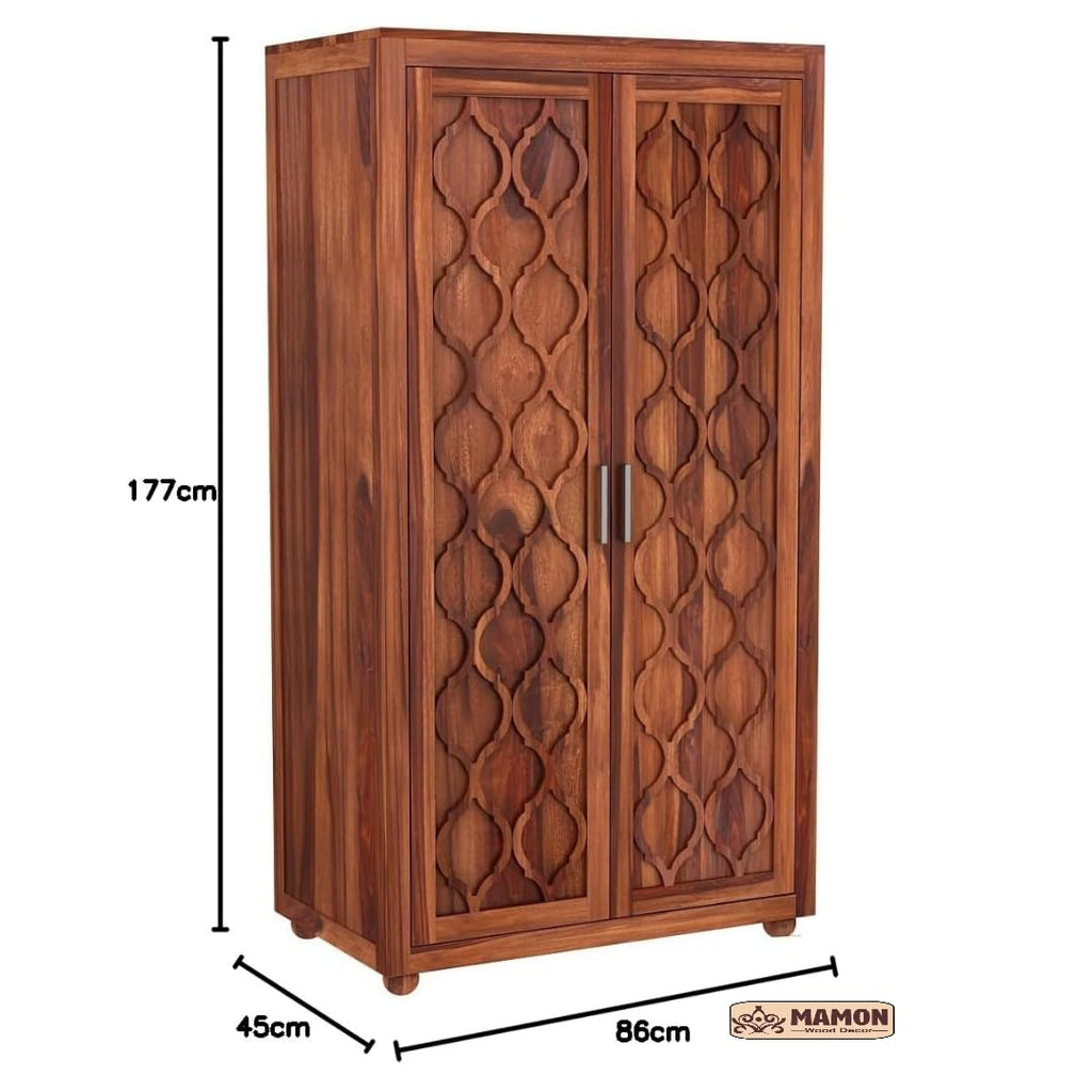 Mamon Wood Decor 2 Door Wardrobe with 2 drawers, 3 shelves & hanging - Honey