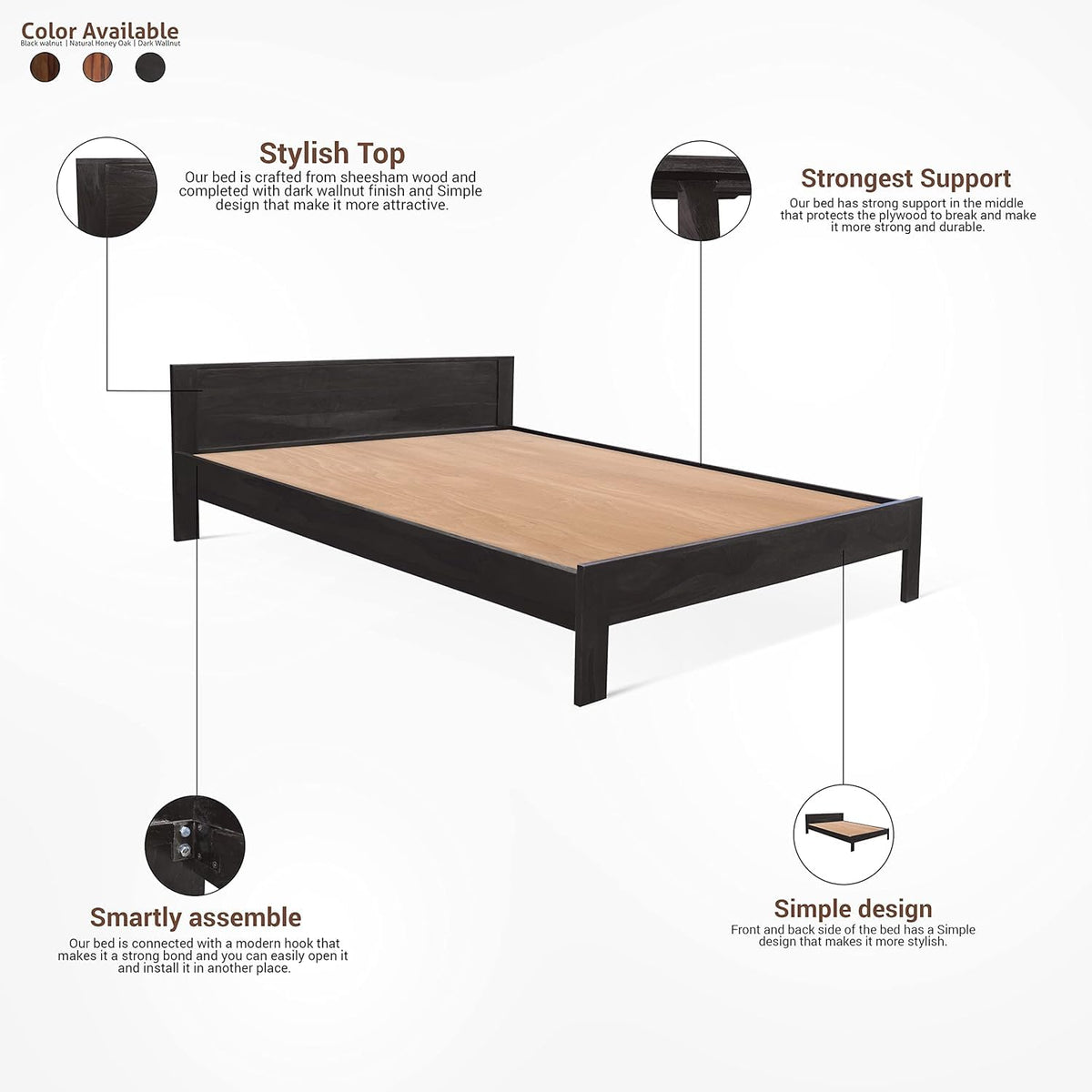 Dark Walnut | Ambica Woodmart Sheesham wood bed, dark walnut, photo 3