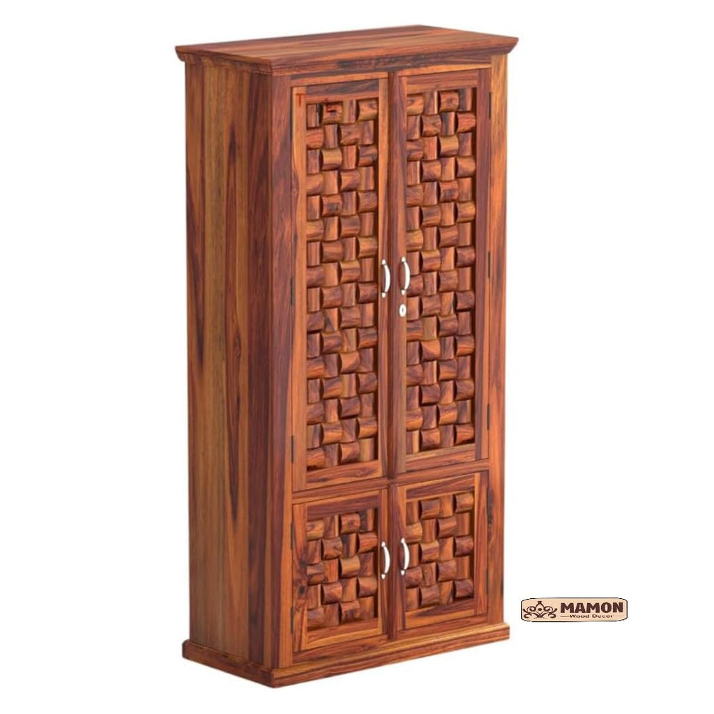 Mamon Wood Decor Solid Sheesham Wood Furniture 4 Door Almirah – Brown