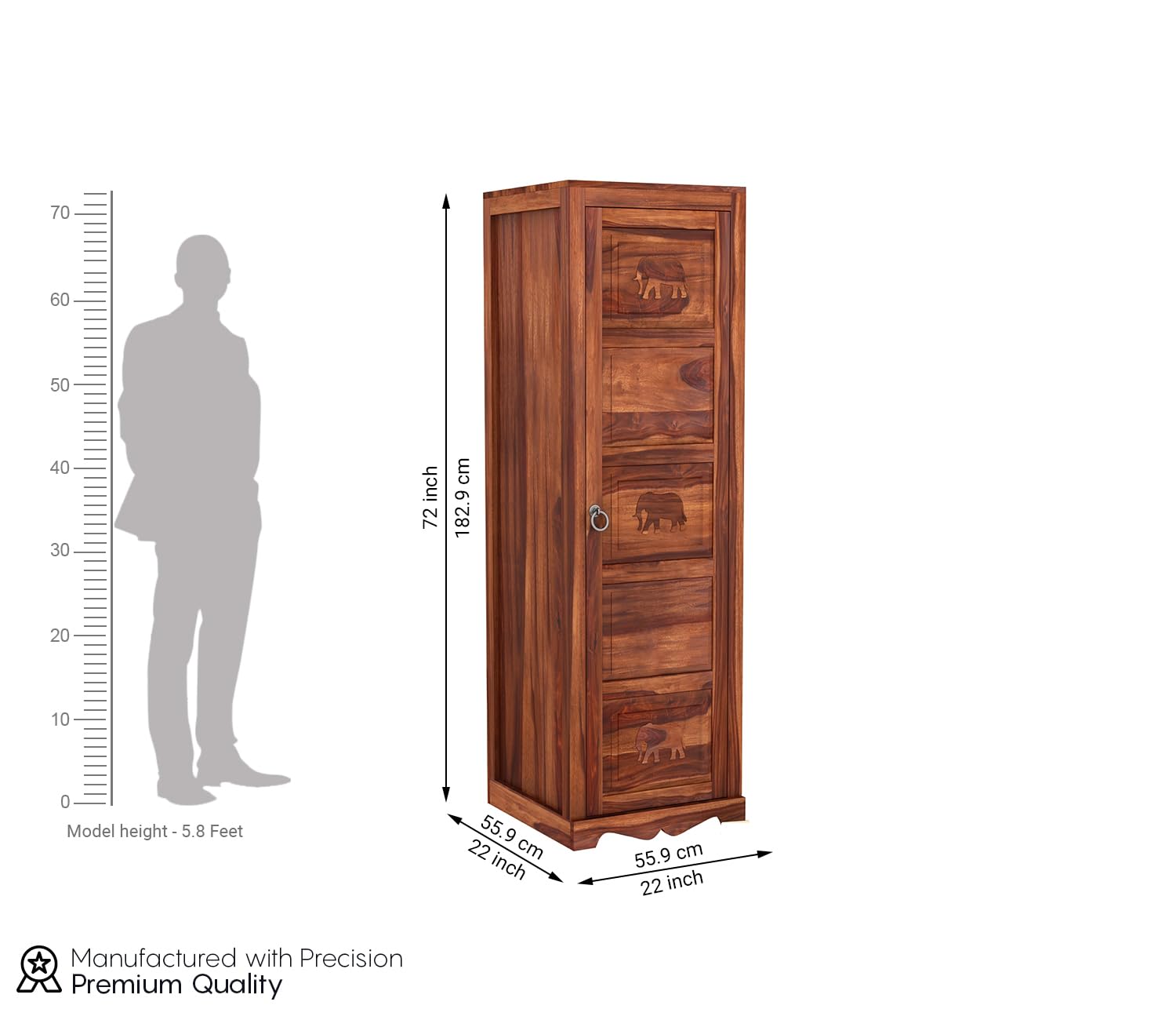 Mamon Wood Decor 1 Door Wardrobe with 1 drawer, 3 shelves & hanging - Honey