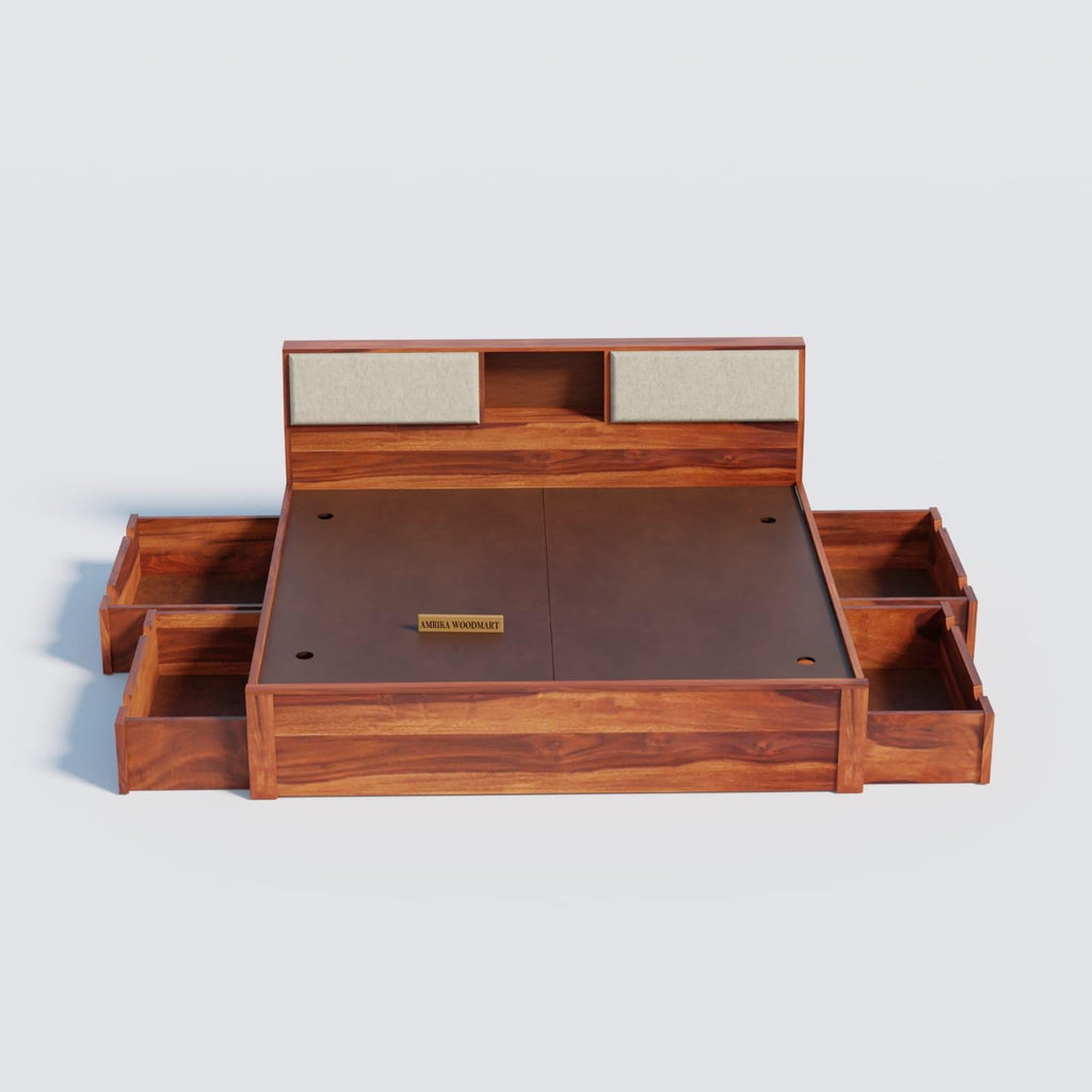 Bed frame without mattress showing base and four open storage drawers