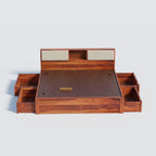 Bed frame without mattress showing base and four open storage drawers