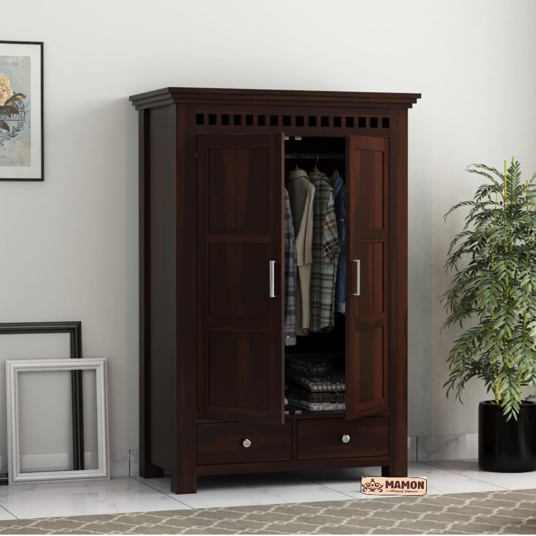 Mamon Wood Decor 2 Door Wardrobe with 2 drawers, 2 shelves & hanging - Walnut