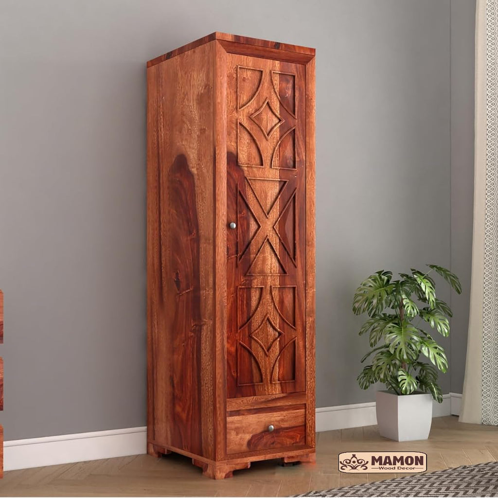 Mamon Wood Decor Single Door Wardrobe with 1 drawer & 4 shelves – Davis - Honey