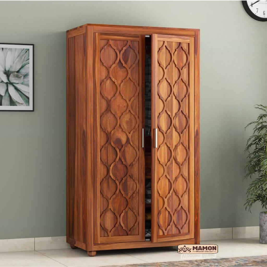 Mamon Wood Decor 2 Door Wardrobe with 2 drawers, 3 shelves & hanging - Honey