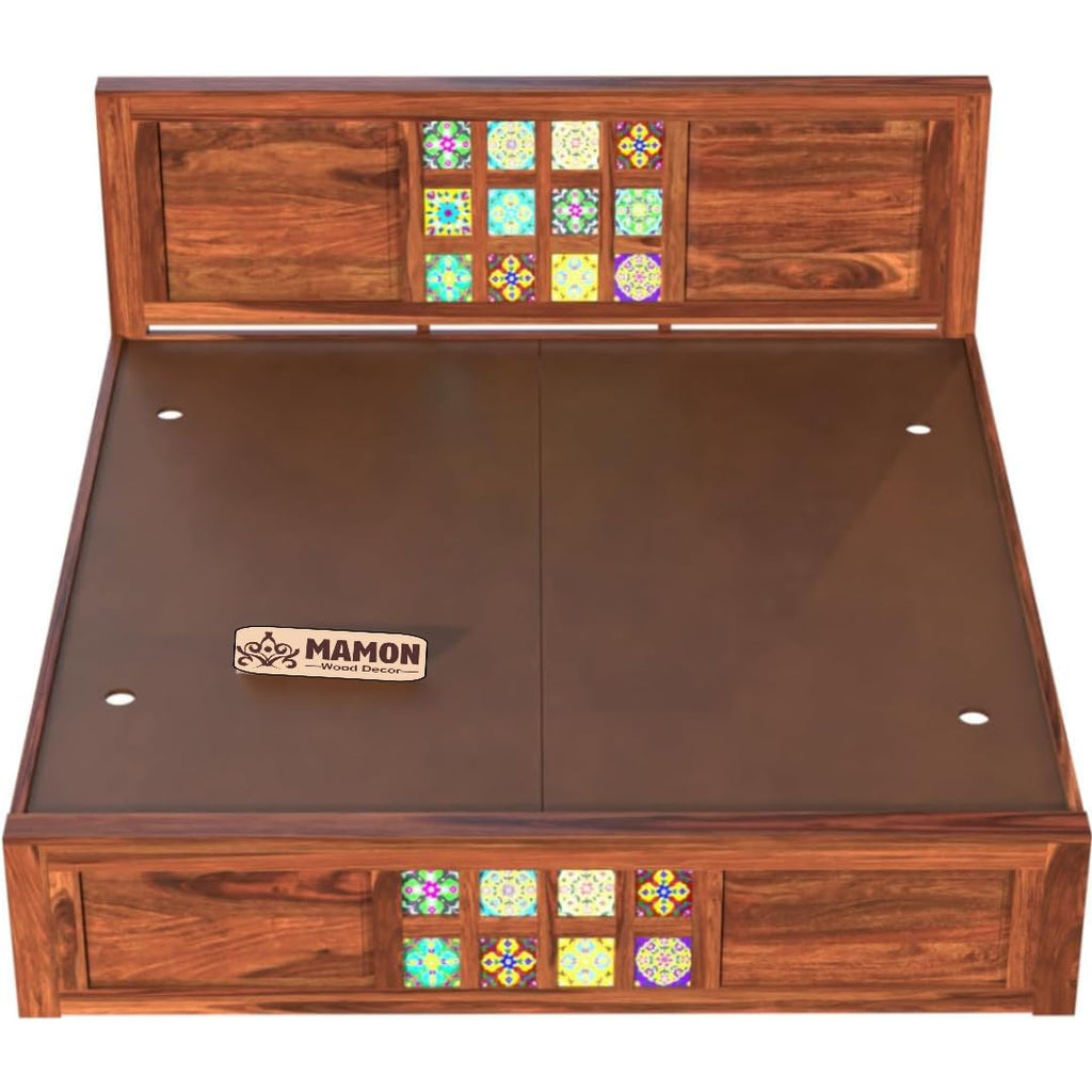 Mamon Wood Decor Solid Sheesham Wood Bed Without Storage with Tiles