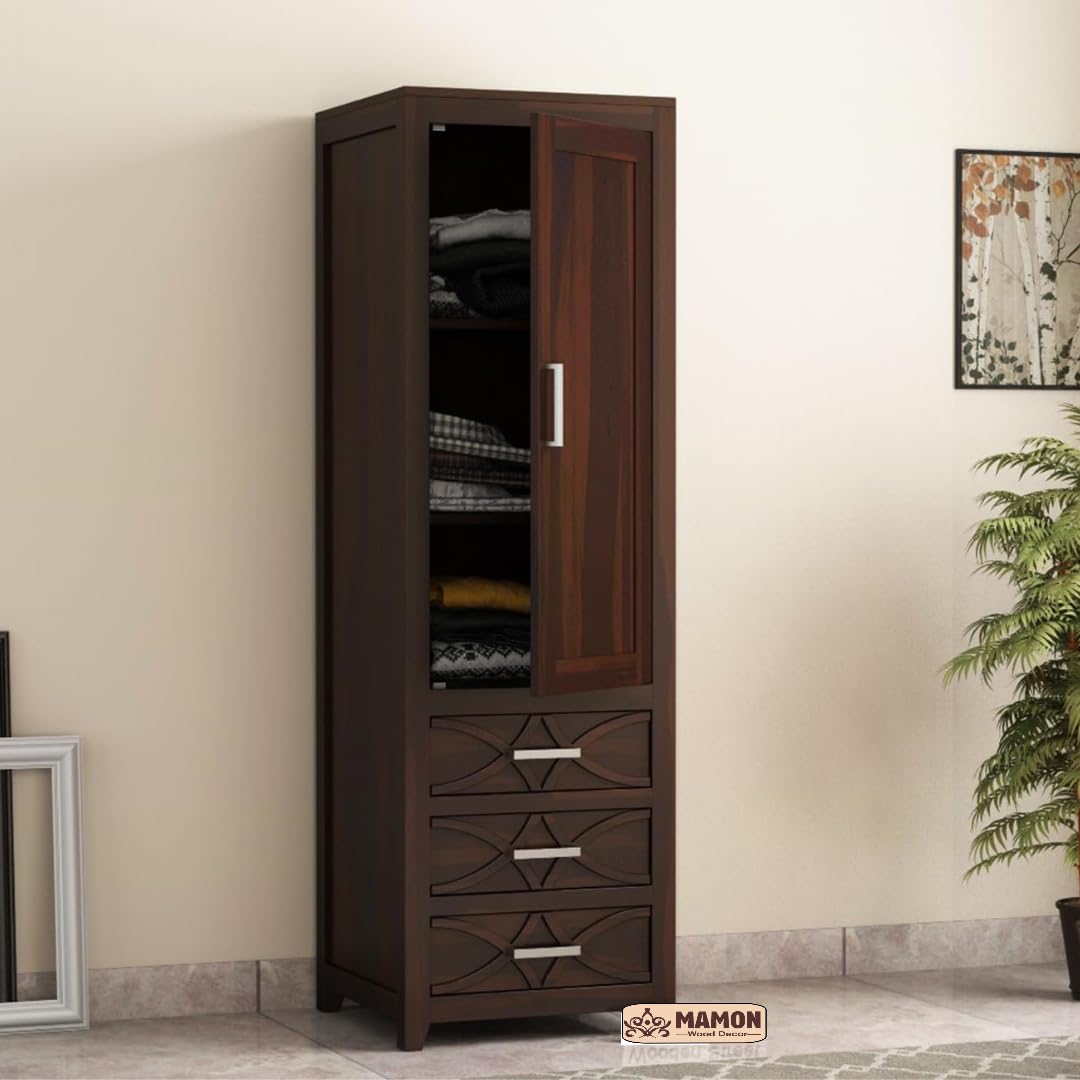 Mamon Wood Decor Single Door Wardrobe with 3 drawers & 3 shelves – Jack - Walnut