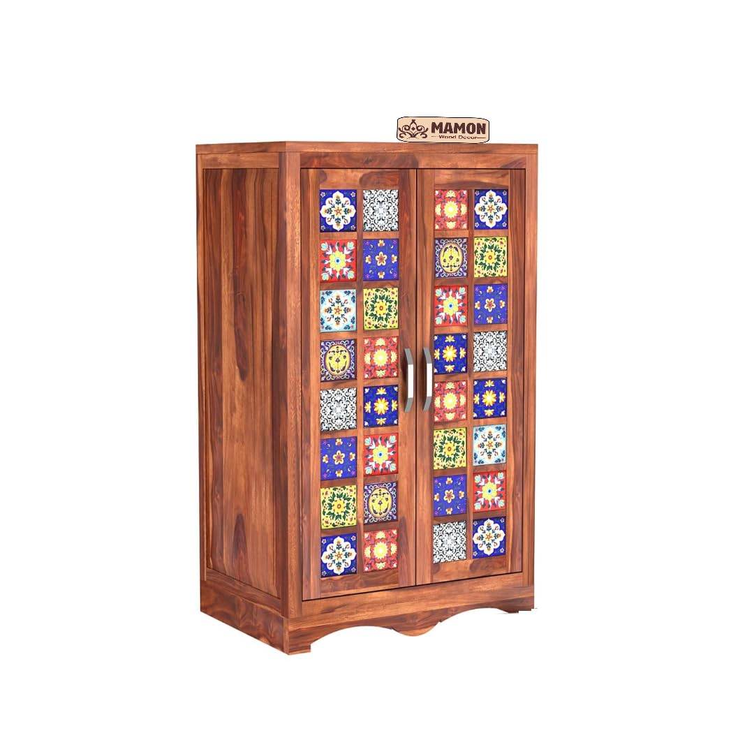 Mamon Wood Decor 2 Door Wardrobe with 2 shelves & hanging space – Ryan - Honey