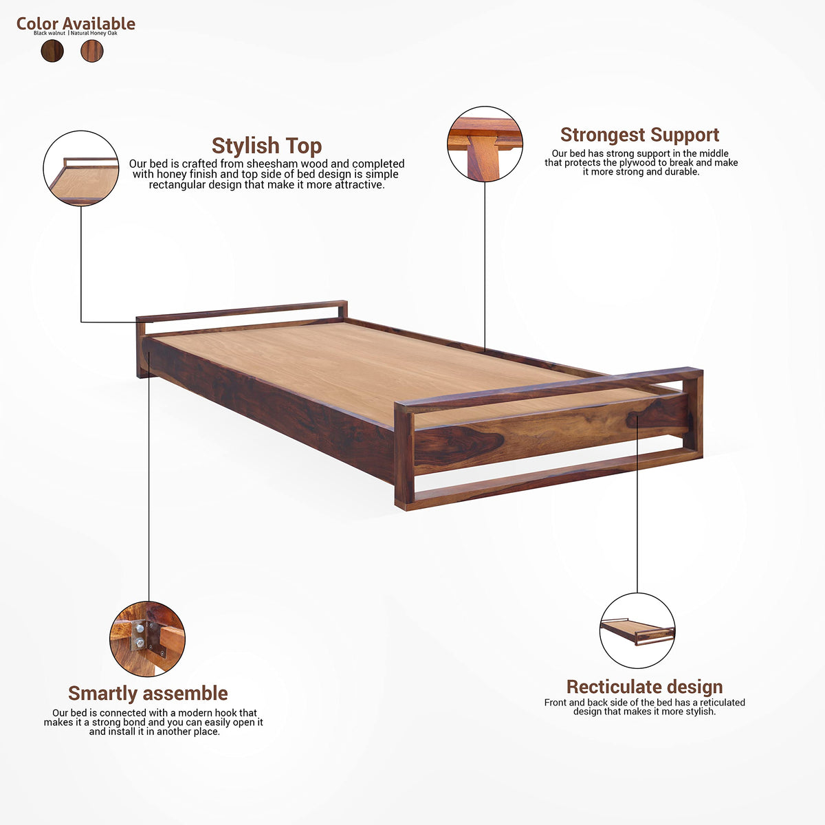 Natural Honey | Ambica Woodmart Sheesham wood bed, natural honey, photo 3