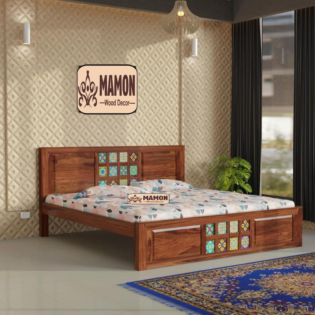 Mamon Wood Decor Solid Sheesham Wood Bed Without Storage with Tiles