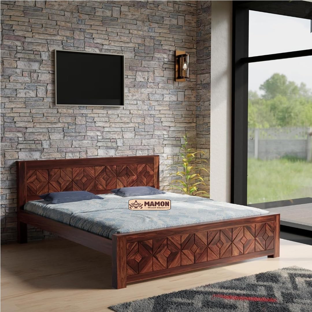 Mamon Wood Decor Sheesham Wood Queen Size Bed Without Storage Solid