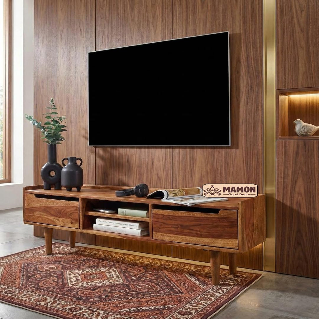 Mamon Wood Decor Sheesham Wood Modern TV Unit with Door and Shelf