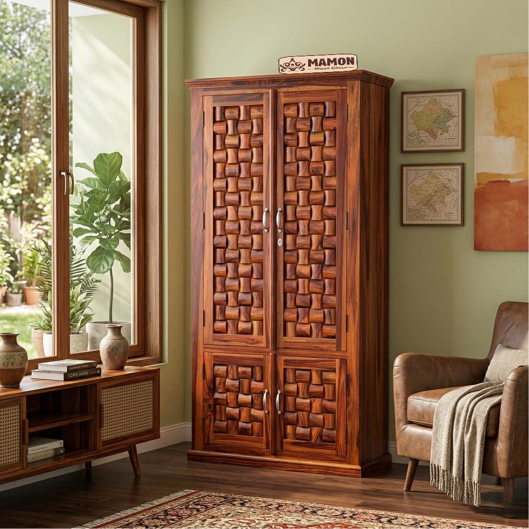Mamon Wood Decor Solid Sheesham Wood Furniture 4 Door Almirah – Brown