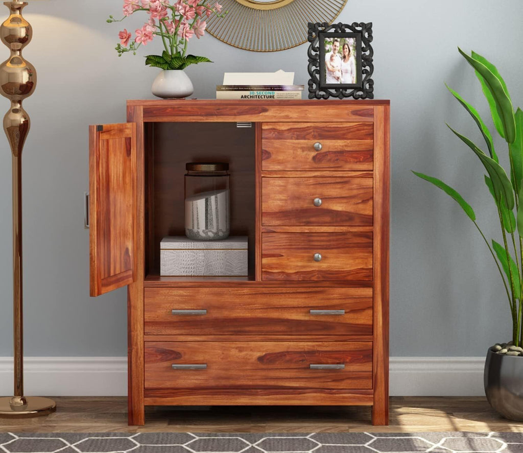 Ambica Woodmart Sheesham wood chest of drawers in natural finish, photo 1