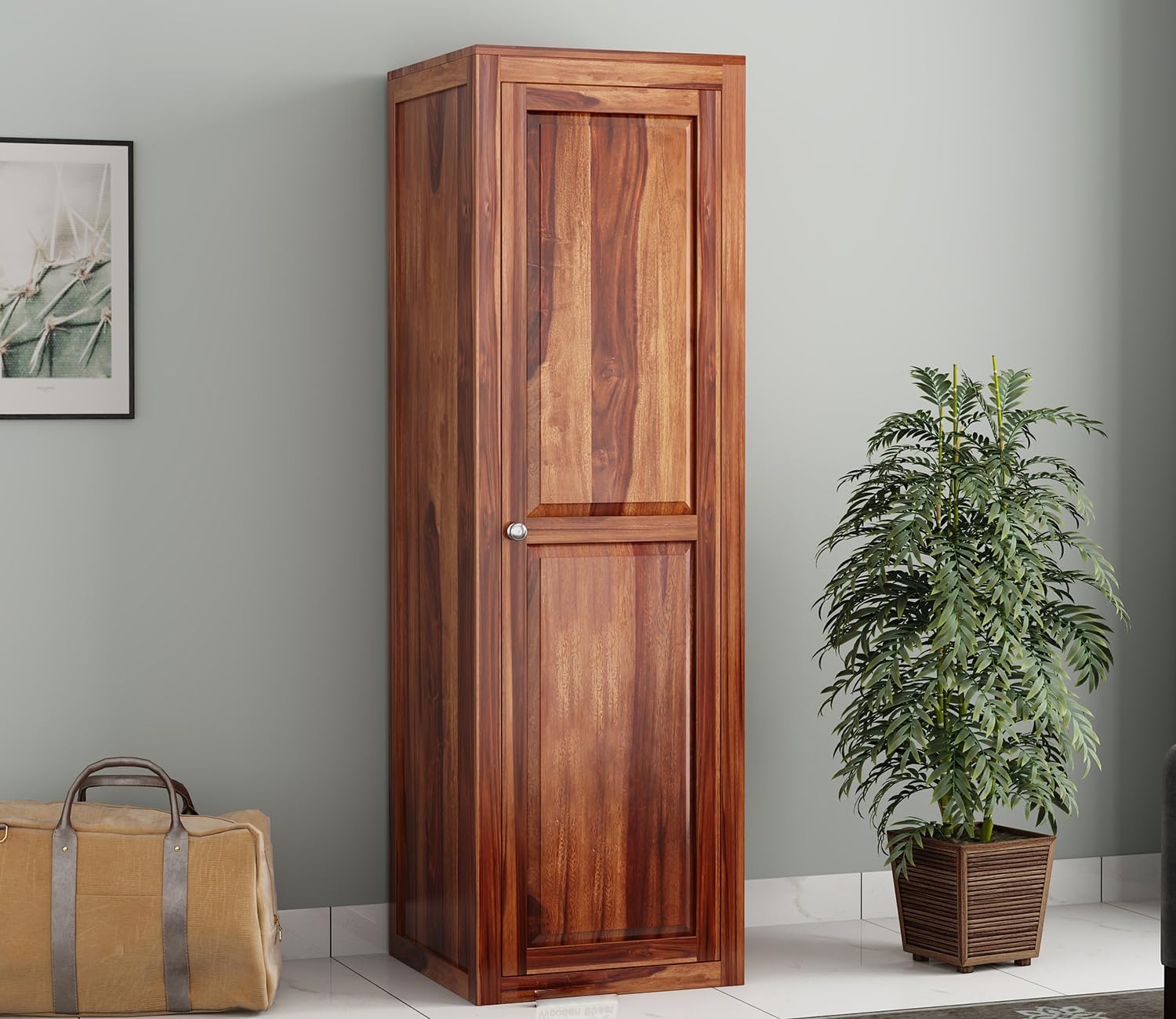 Mamon Wood Decor Single Door Wardrobe with 5 open shelves – Allen - Honey