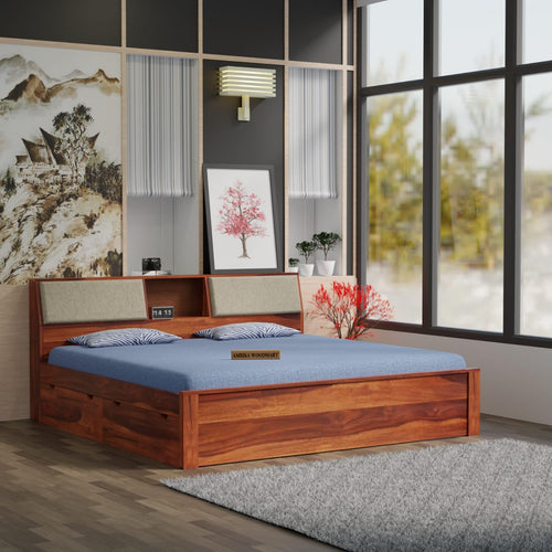 Ambica Woodmart Sheesham wood bed with drawers and cushioned headboard in a bedroom
