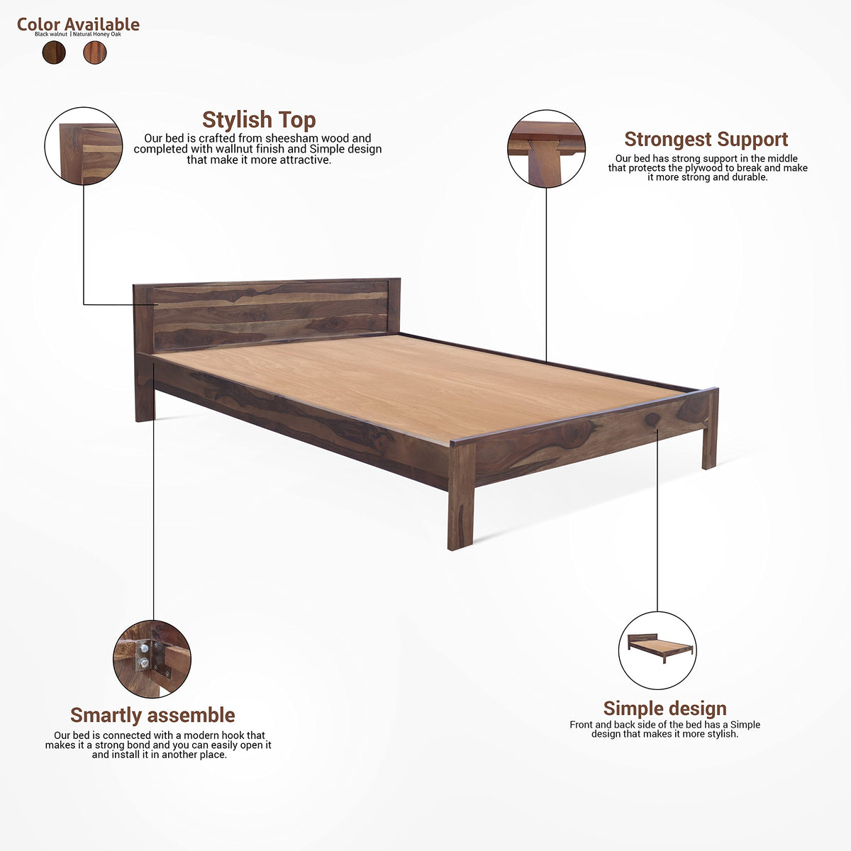 Light Walnut | Ambica Woodmart Sheesham wood bed, light walnut, photo 8