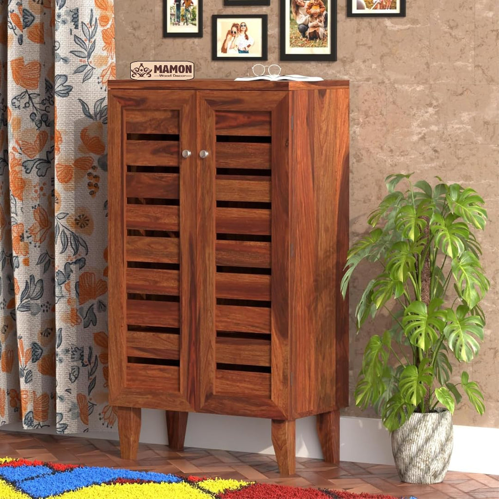 Mamon Wood Decor Wooden Small Shoe Rack with Door, Shoe Rack Cabinet
