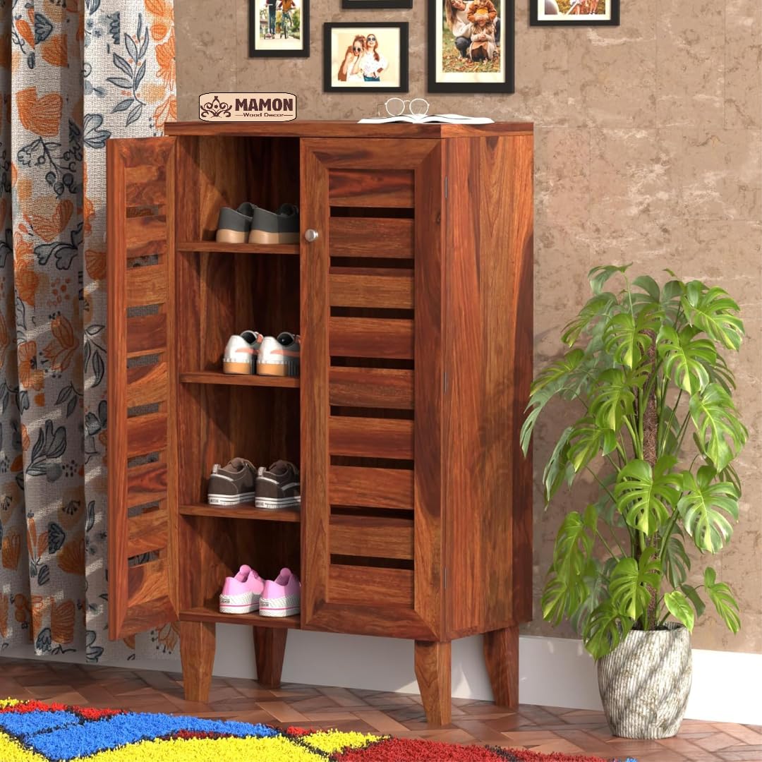 Mamon Wood Decor Wooden Small Shoe Rack with Door, Shoe Rack Cabinet