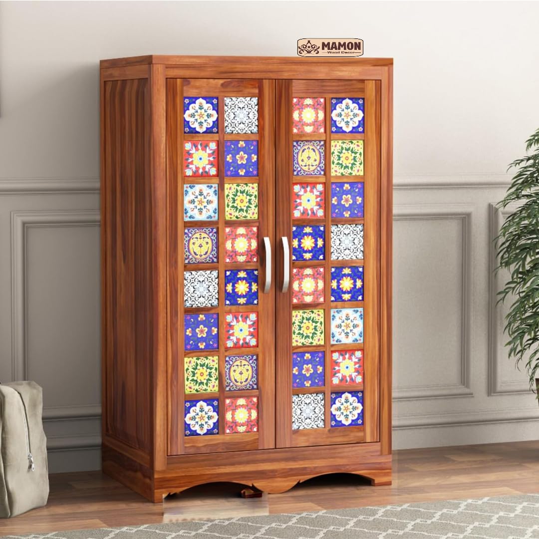 Mamon Wood Decor 2 Door Wardrobe with 2 shelves & hanging space – Ryan - Honey