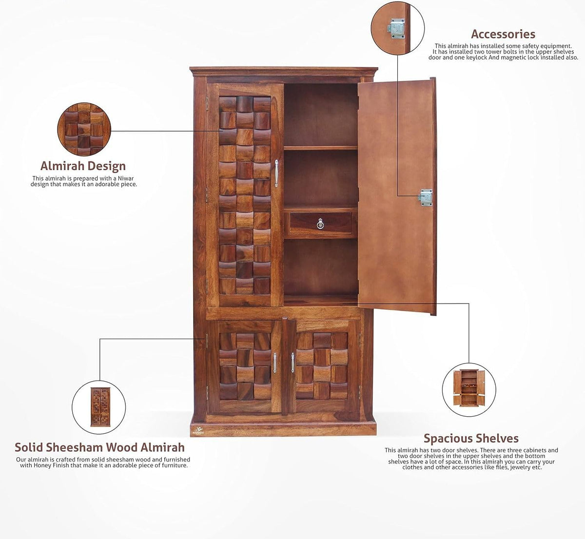 Ambica Woodmart Sheesham wood wardrobe in honey finish, photo 3