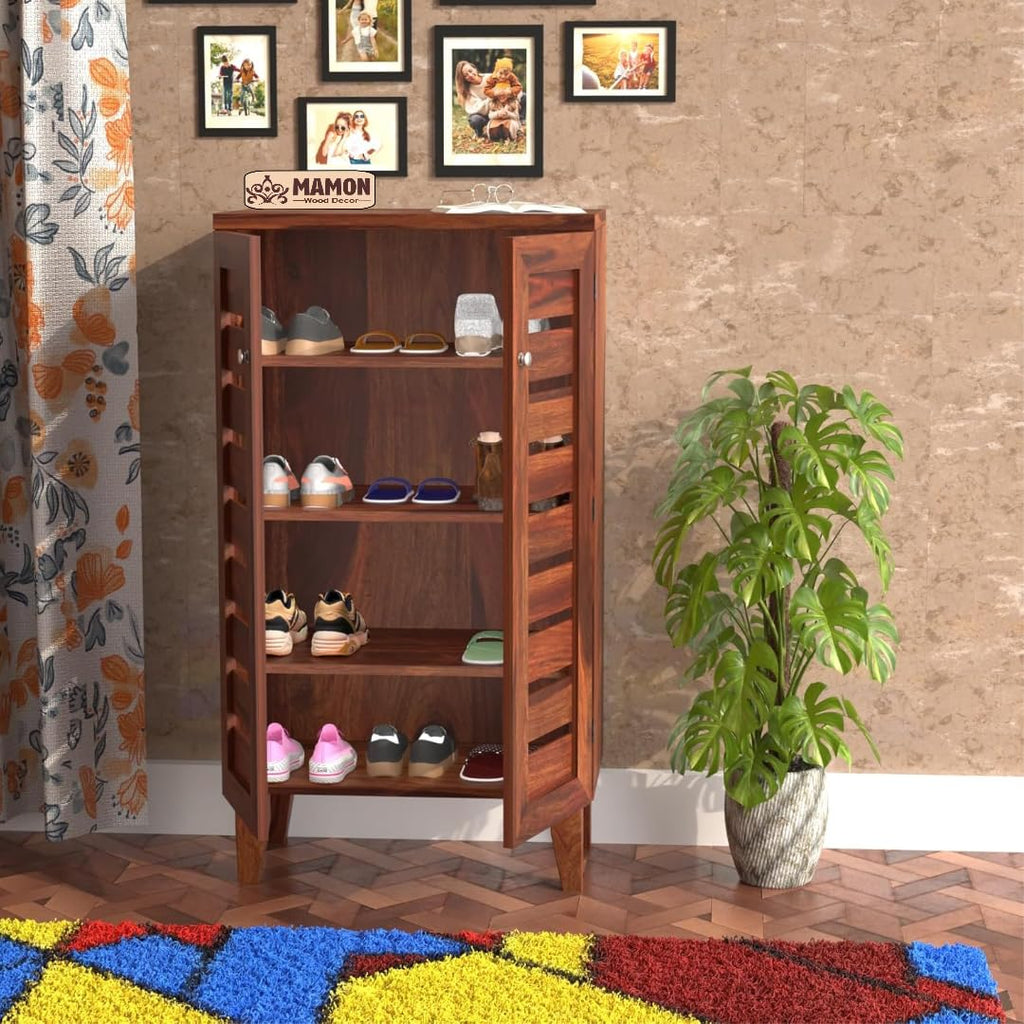 Mamon Wood Decor Wooden Small Shoe Rack with Door, Shoe Rack Cabinet