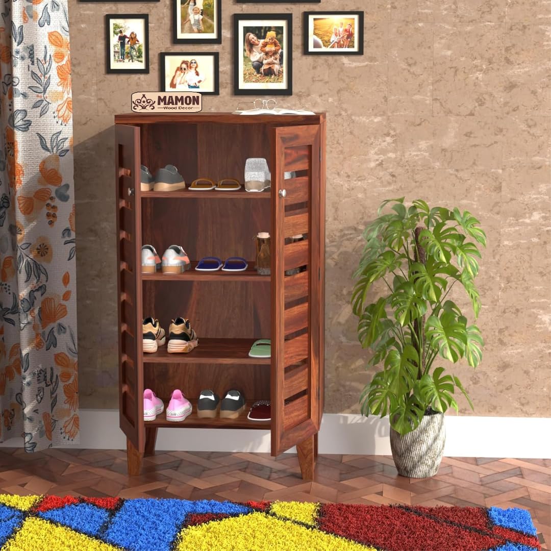 Mamon Wood Decor Wooden Small Shoe Rack with Door, Shoe Rack Cabinet