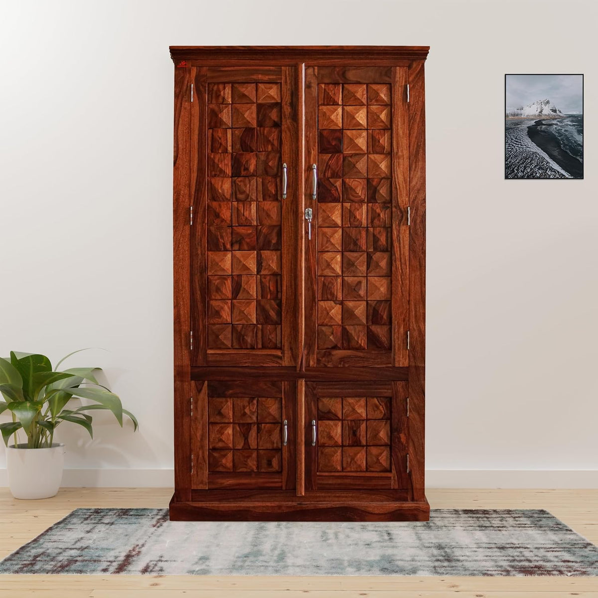 Ambica Woodmart Sheesham wood wardrobe in natural honey finish, photo 1