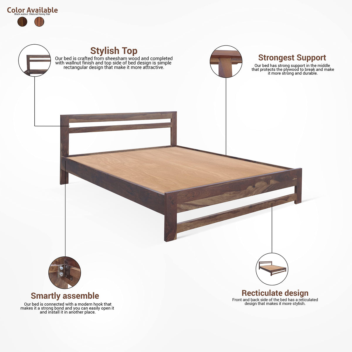 Light Walnut | Ambica Woodmart Sheesham wood bed, light walnut, photo 8
