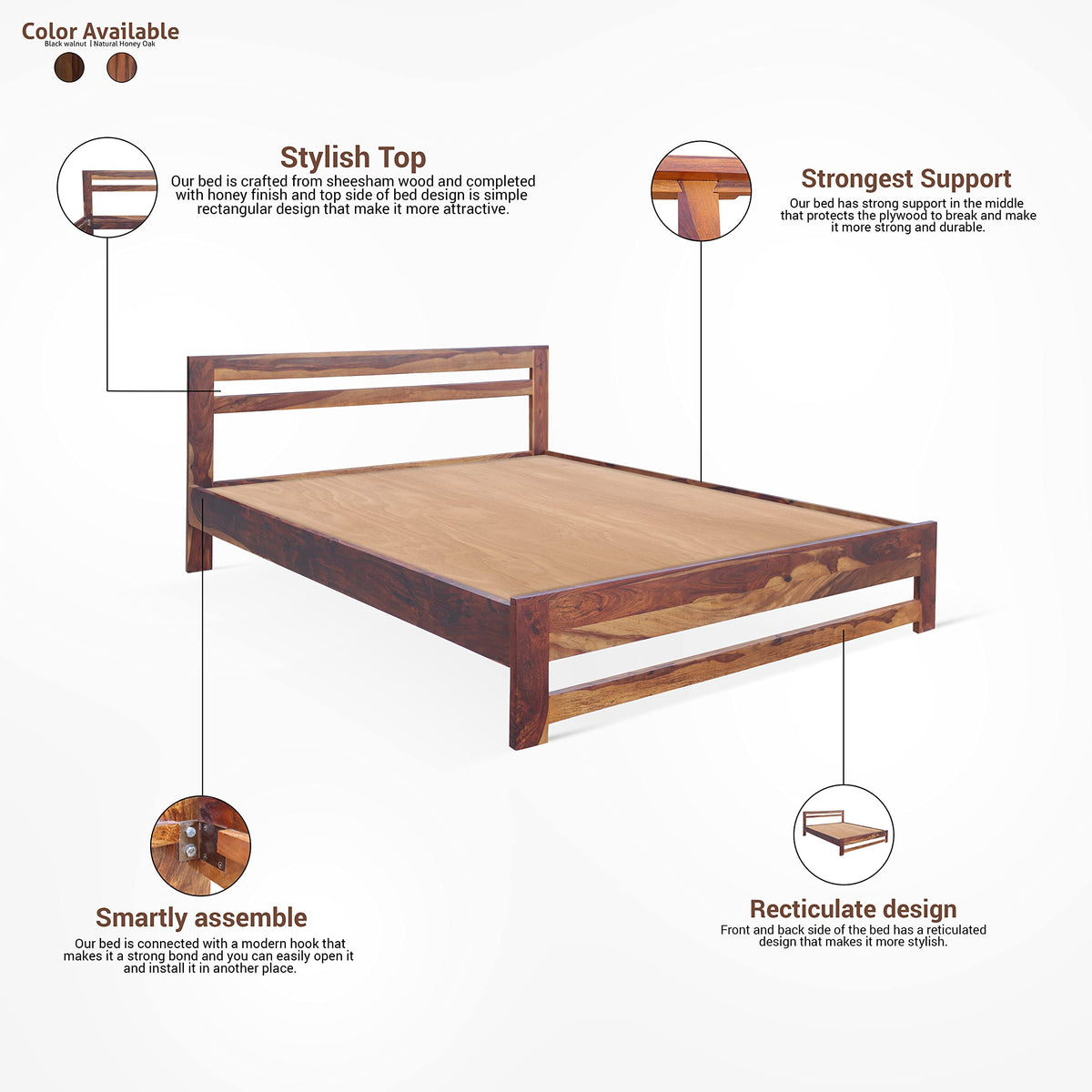 Natural Honey | Ambica Woodmart Sheesham wood bed, natural honey, photo 3